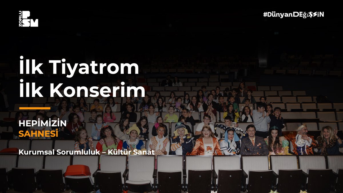 İlk Tiyatrom İlk Konserim sunumu kapağı; salonda katılımcılar, beyaz başlık ve turuncu vurgu