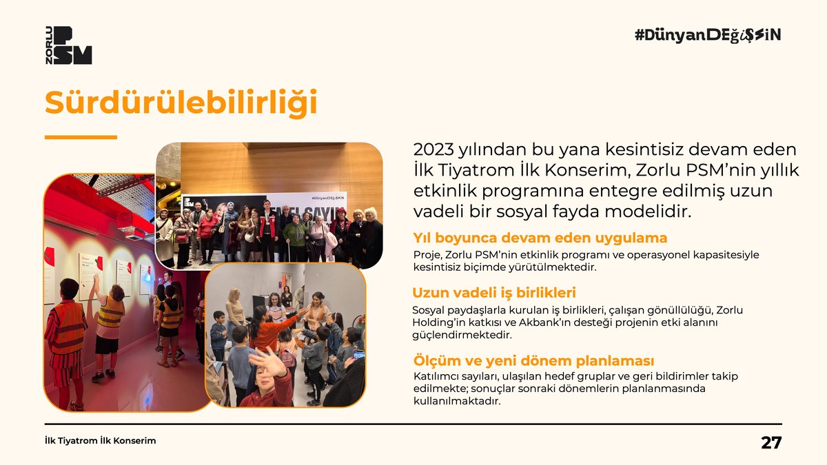 İlk Tiyatrom İlk Konserim sunumunun sürdürülebilirlik sayfası; solda etkinlik fotoğrafları, sağda açıklamalar